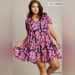 Umgee Pink and Navy Printed Short Sleeve Tiered Dress